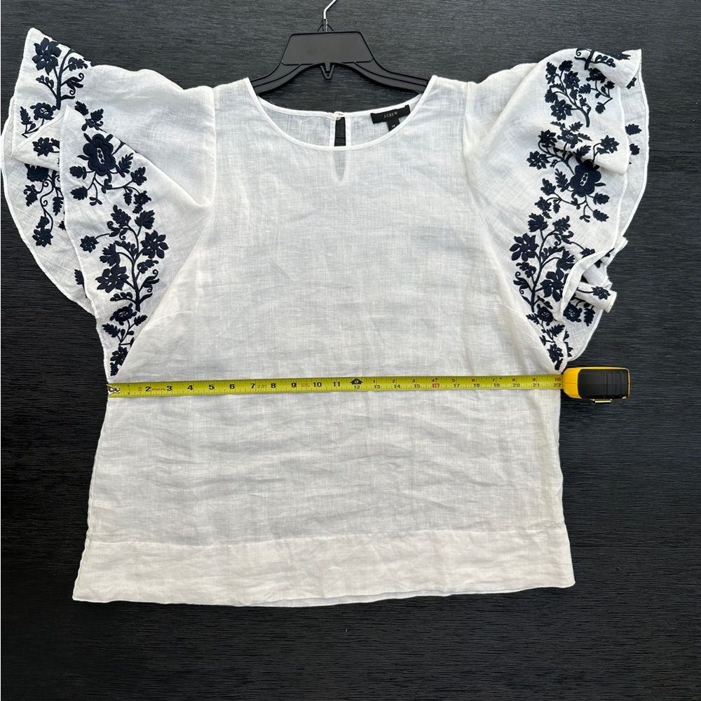 J. Crew White Linen w/ navy Embroidered Flutter sleeve Blouse - Picture 5 of 6